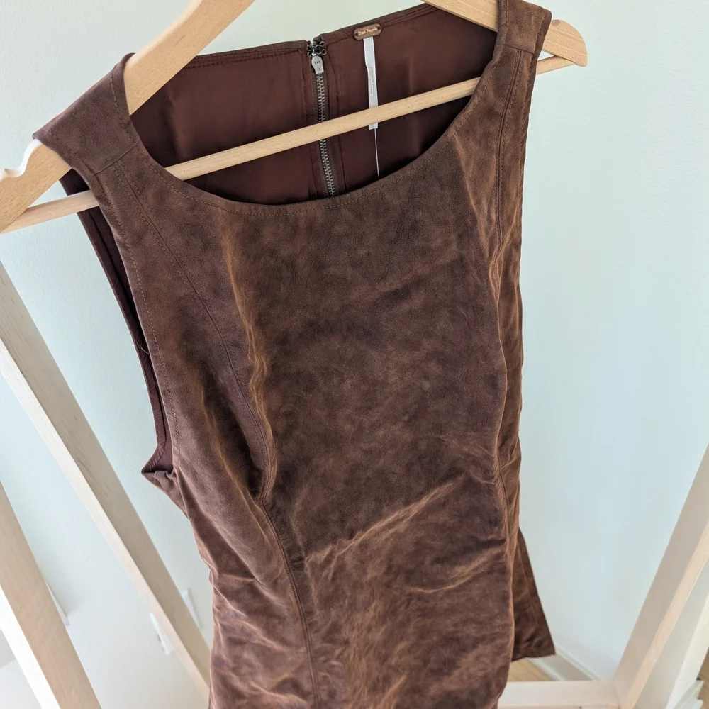 NWT Free People Atlas Sleeveless Faux Suede Mini Dress In Brown - L
